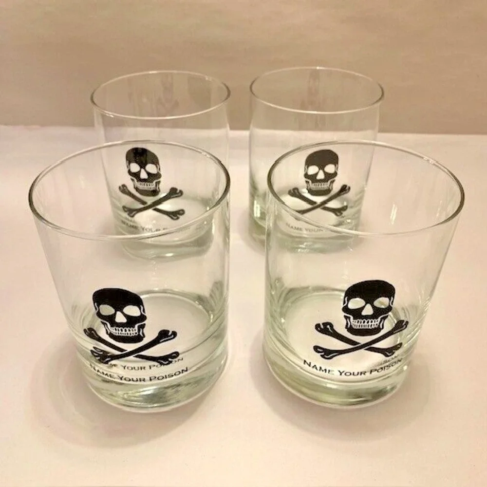 Halloween Skull Crossbones Name Your Poison Rocks Glass VTG MCM Glasses Set 4PC
